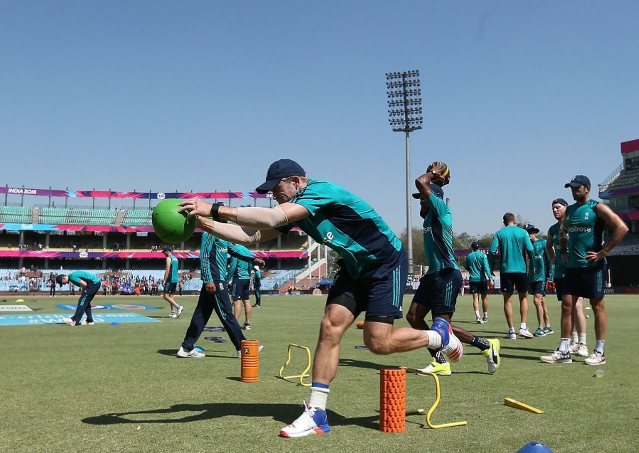 England players warm-up before the match, Afghanistan v England, World T20 2016, Group 1, Delhi, March 23, 2016