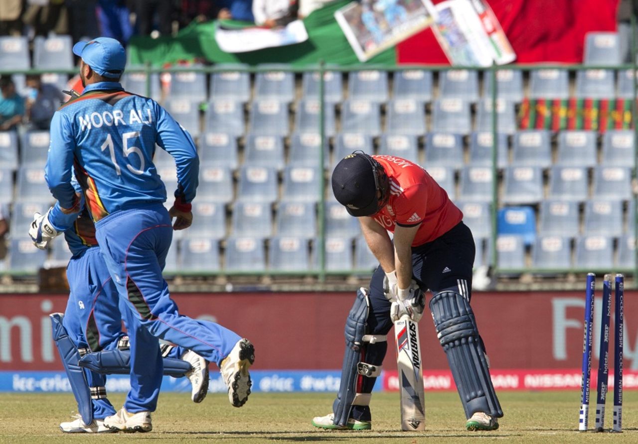Eoin Morgan is disappointed after being bowled for a golden duck, Afghanistan v England, World T20 2016, Group 1, Delhi, March 23, 2016