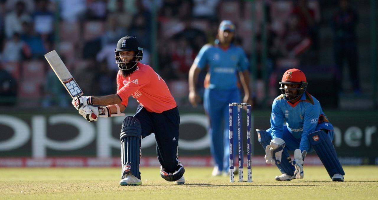 Moeen Ali shapes up to play a reverse sweep, Afghanistan v England, World T20 2016, Group 1, Delhi, March 23, 2016