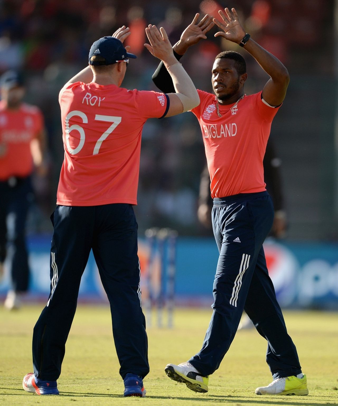 Chris Jordan celebrates the early wicket of Asghar Stanikzai, Afghanistan v England, World T20 2016, Group 1, Delhi, March 23, 2016