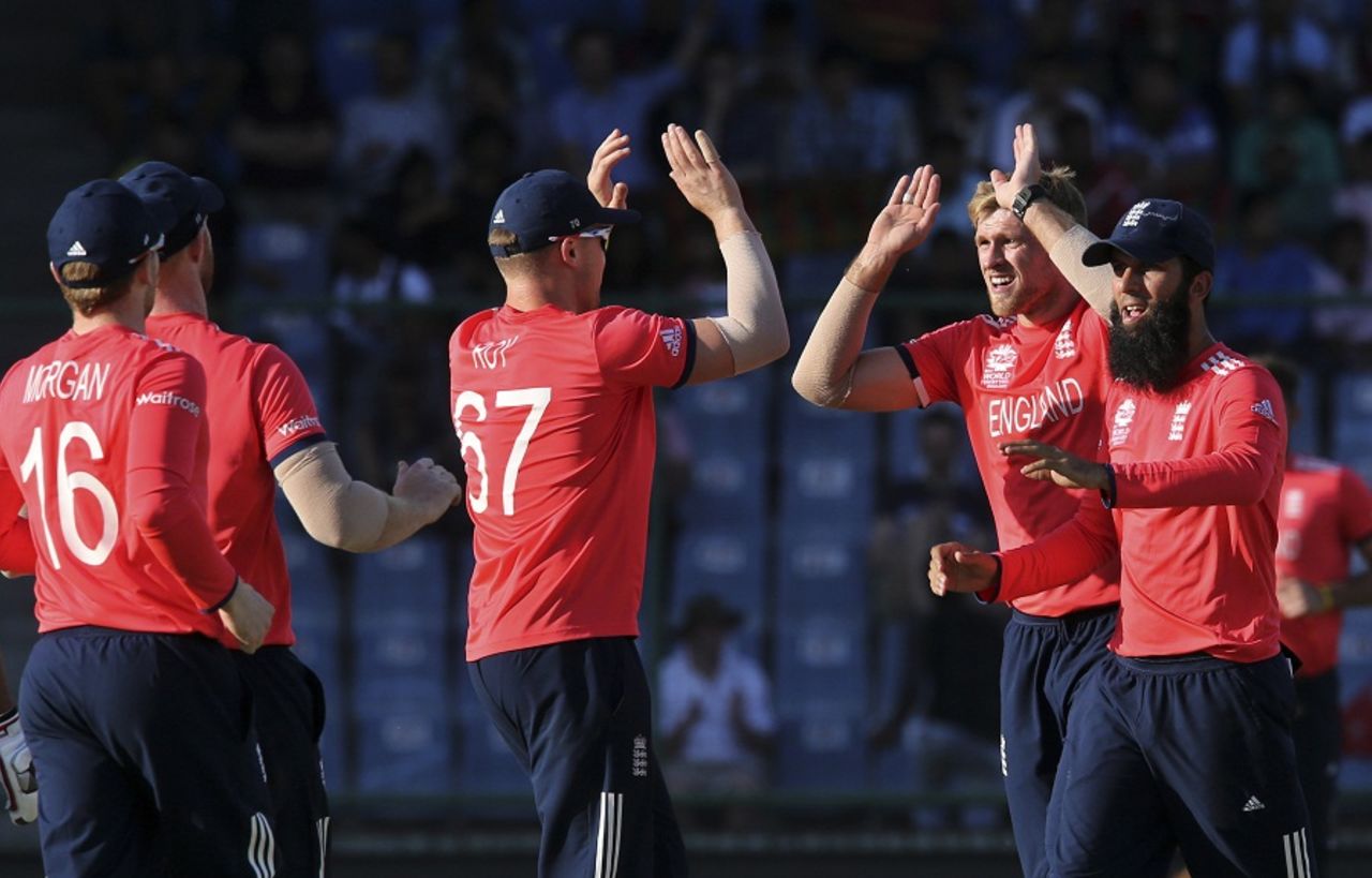 David Willey celebrates a wicket with his team-mates, Afghanistan v England, World T20 2016, Group 1, Delhi, March 23, 2016