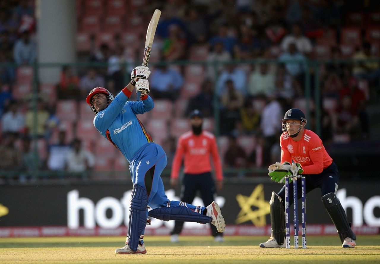Mohammad Nabi hits out during his innings of 12, Afghanistan v England, World T20 2016, Group 1, Delhi, March 23, 2016