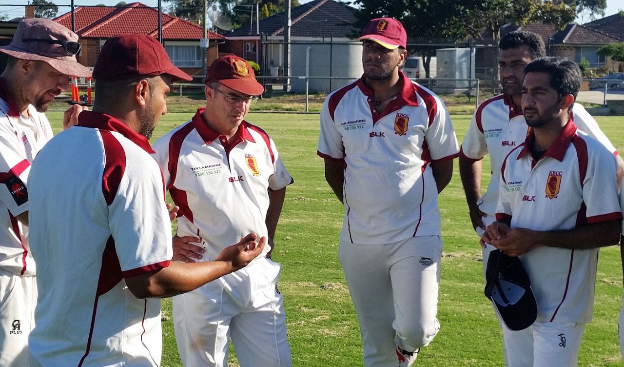 Kingsville Baptist Cricket Club players have a discussion, Melbourne