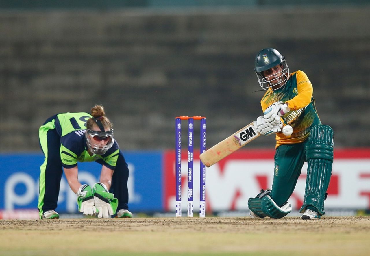 Trisha Chetty goes low for a slog sweep, Ireland v South Africa, Women's World T20, Group A, Chennai, March 23, 2016