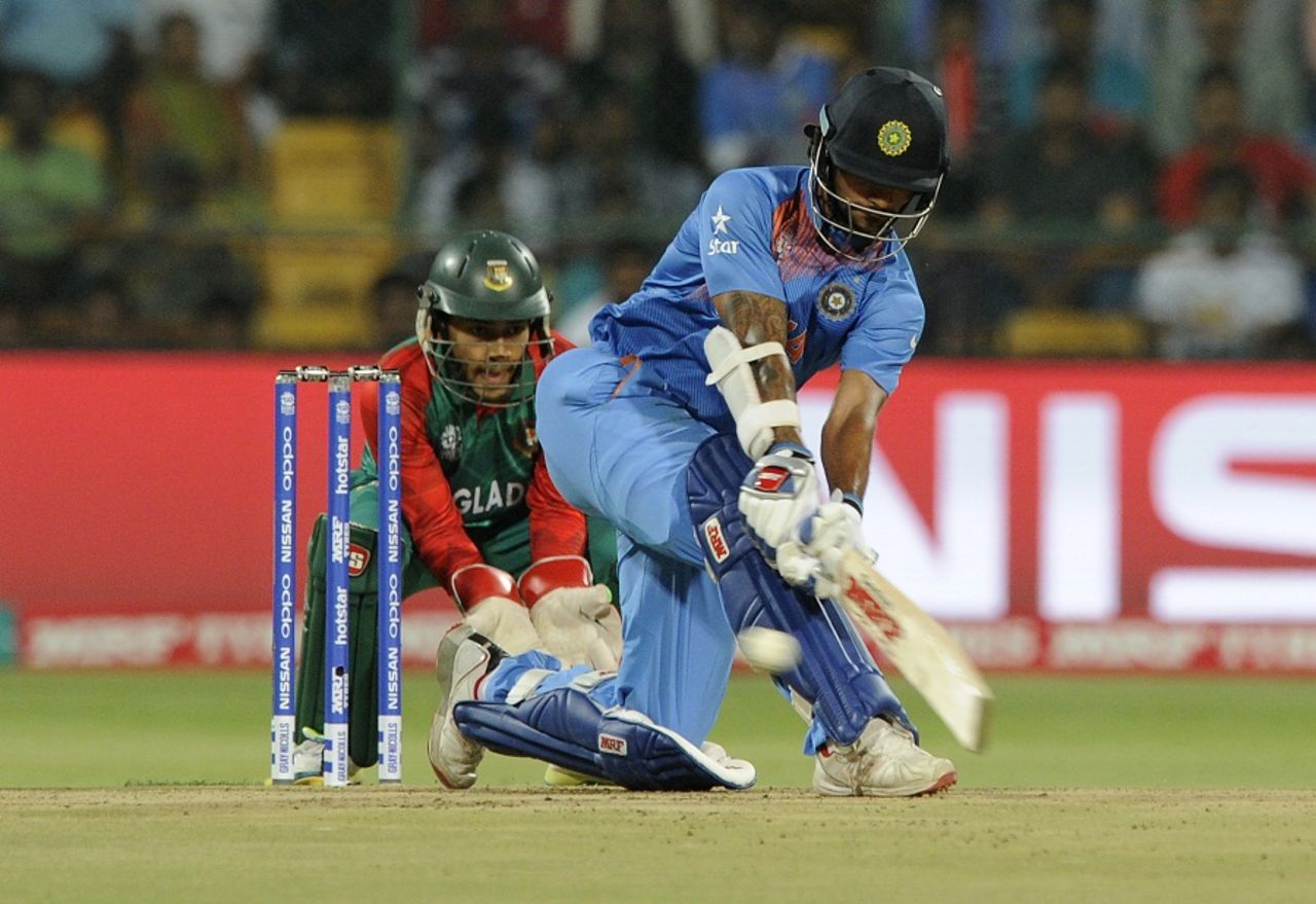 Shikhar Dhawan plays a slog sweep, India v Bangladesh, World T20 2016, Group 2, Bangalore, March 23, 2016
