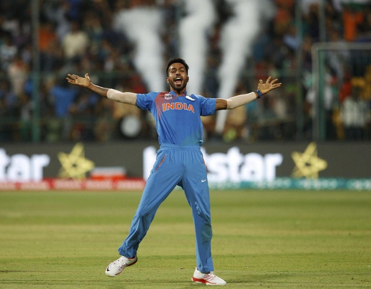 Hardik Pandya celebrates India's win, India v Bangladesh, World T20 2016, Group 2, Bangalore, March 23, 2016