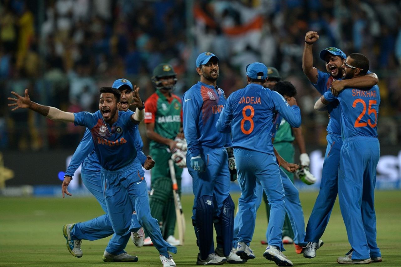 India celebrate their thrilling win, India v Bangladesh, World T20 2016, Group 2, Bangalore, March 23, 2016