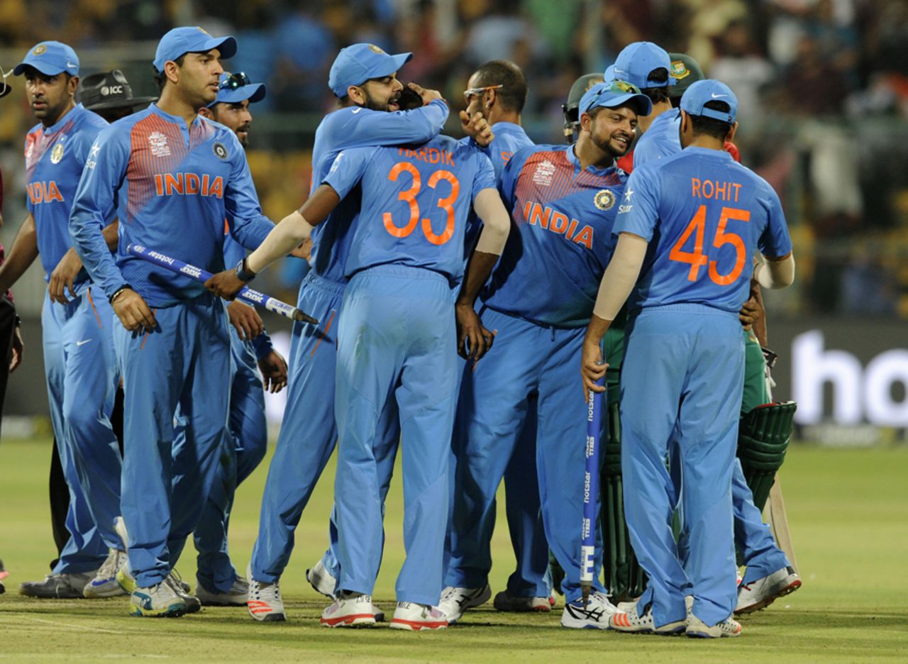India players celebrate their tight win over Bangladesh, India v Bangladesh, World T20 2016, Group B, Bangalore, March 23, 2016