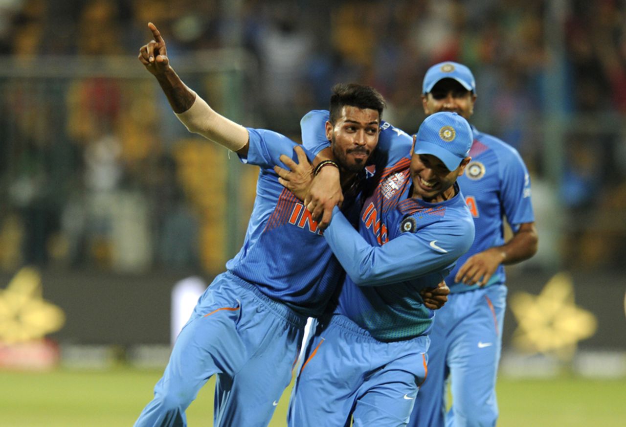 Hardik Pandya is congratulated after defending 11 in the last over, India v Bangladesh, World T20 2016, Group B, Bangalore, March 23, 2016