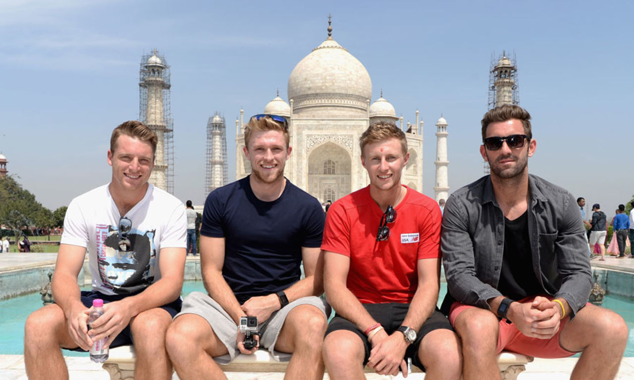 Jos Buttler, David Willey, Joe Root and Liam Plunkett visit the Taj Mahal, Agra, March 24, 2016