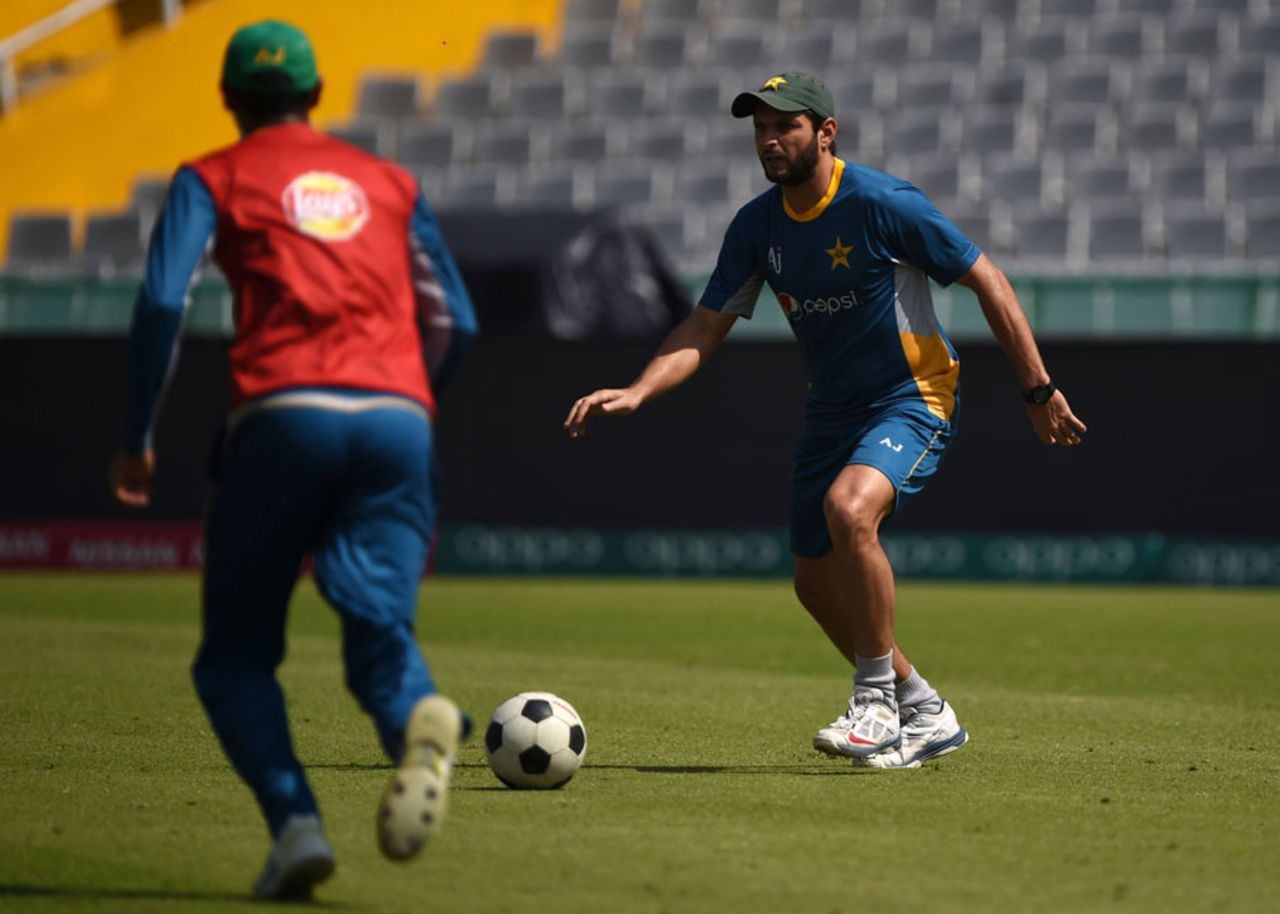 Shahid Afridi indulges in some soccer during a training session, Chandigarh, March 24, 2016