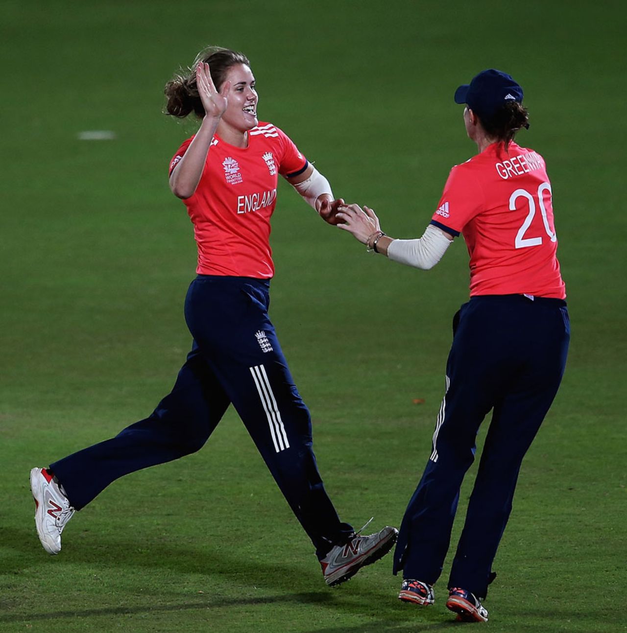 Lydia Greenway and Natalie Sciver celebrate a wicket, England v West Indies, Women's World T20, Group B, March 24, 2016