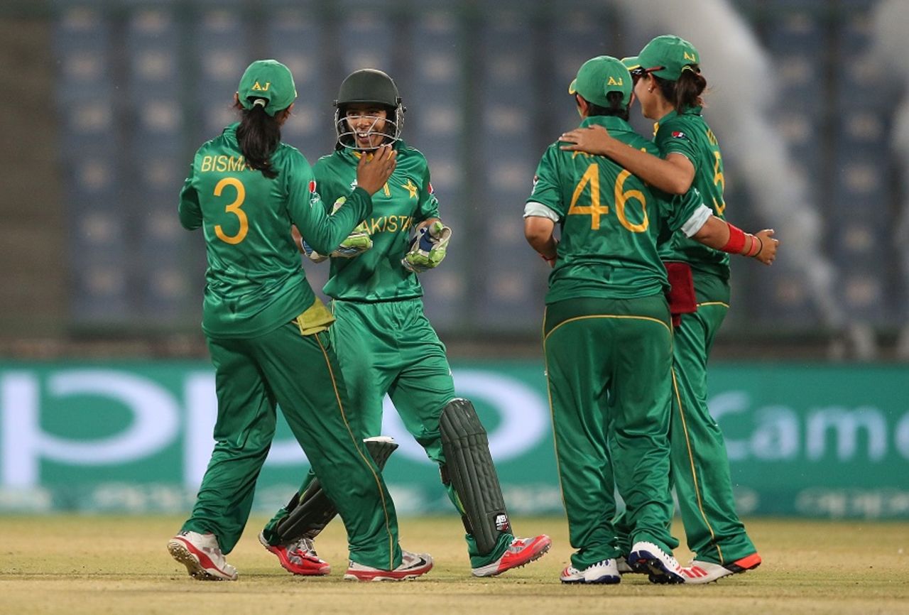 Pakistan players rejoice after picking up a wicket, Bangladesh v Pakistan, Women's World T20 2016, Group B, Delhi, March 24, 2016