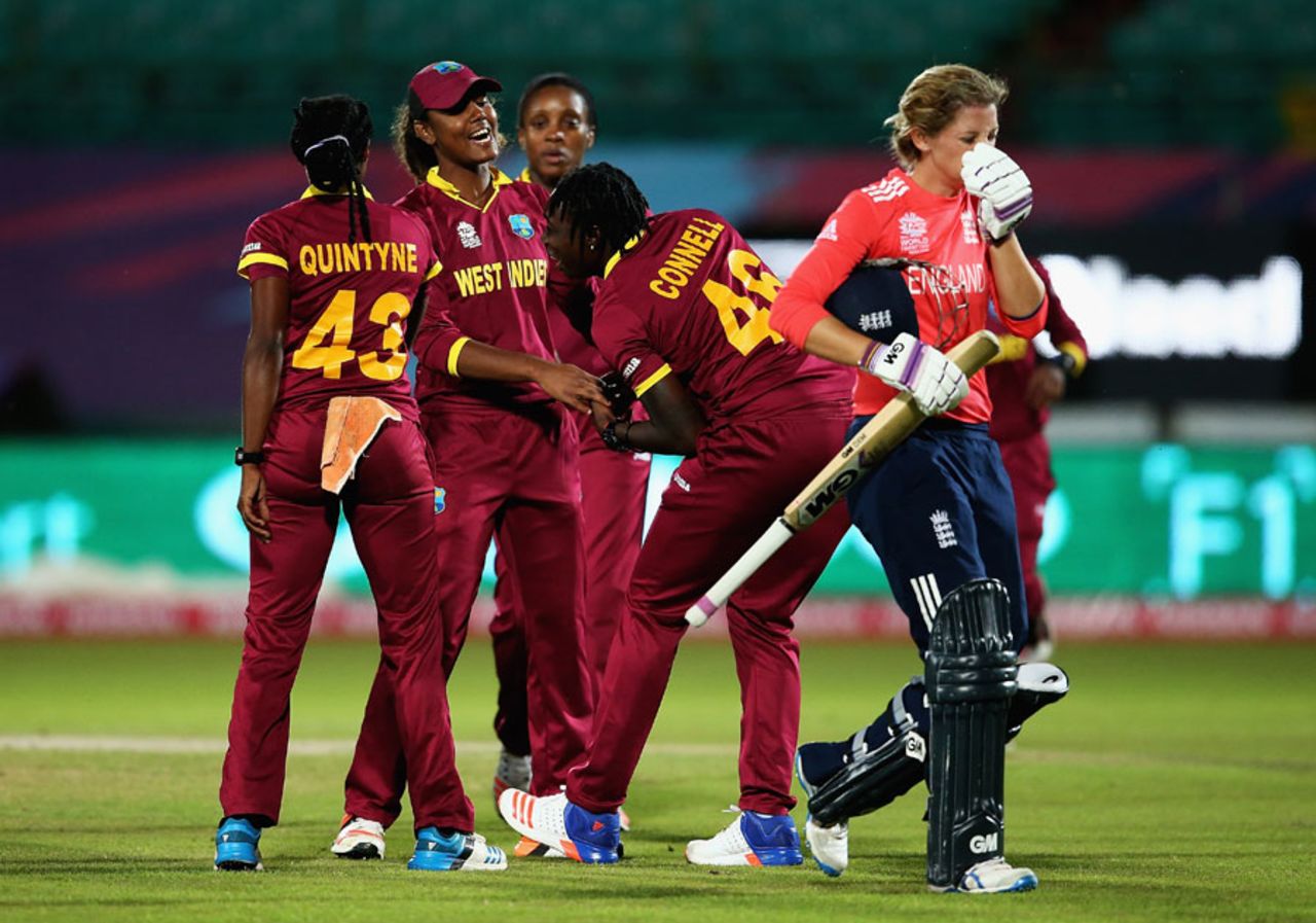 The West Indies players share a laugh after the wicket of Sarah Taylor, England v West Indies, Women's World T20, Group B, March 24, 2016