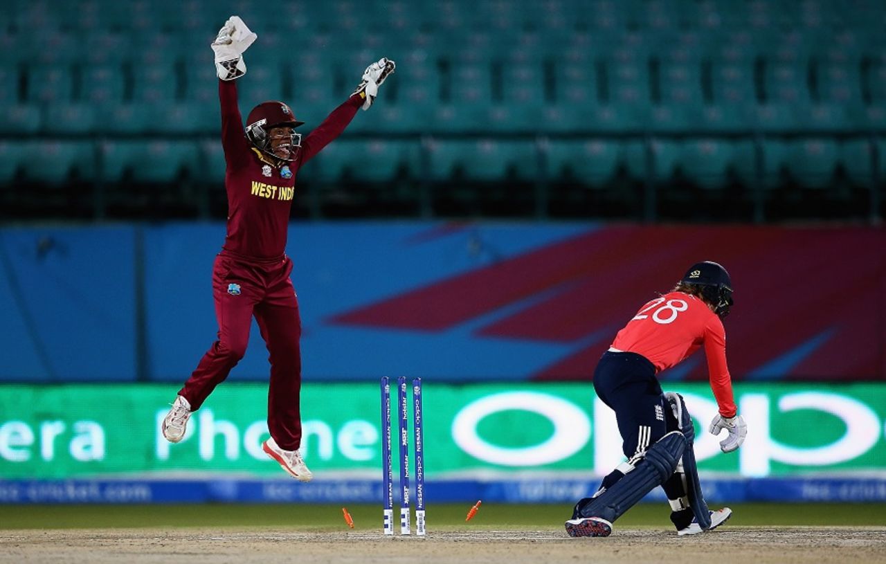 Merissa Aguilleira exults as Danielle Wyatt is bowled, England v West Indies, Women's World T20, Group B, March 24, 2016