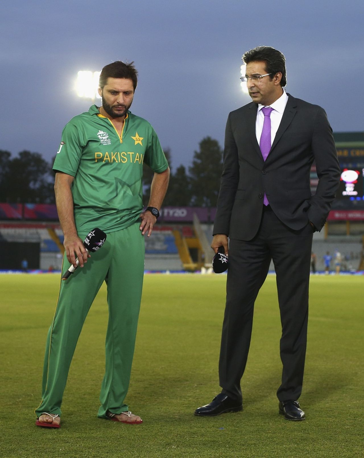 Shahid Afridi and Wasim Akram stand for a TV interview after Pakistan's loss, Australia v Pakistan, World T20 2016, Group 2, Mohali, March 25, 2016
