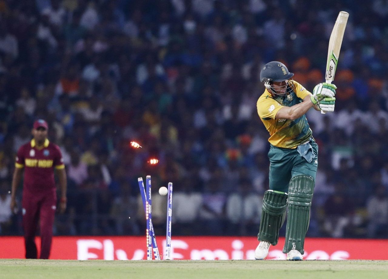 AB de Villiers was bowled for 10, South Africa v West Indies, World T20 2016, Group 1, Nagpur, March 25, 2016