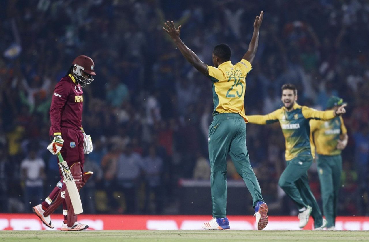 Kagiso Rabada got Chris Gayle for 4 in the first over, South Africa v West Indies, World T20 2016, Group 1, Nagpur, March 25, 2016