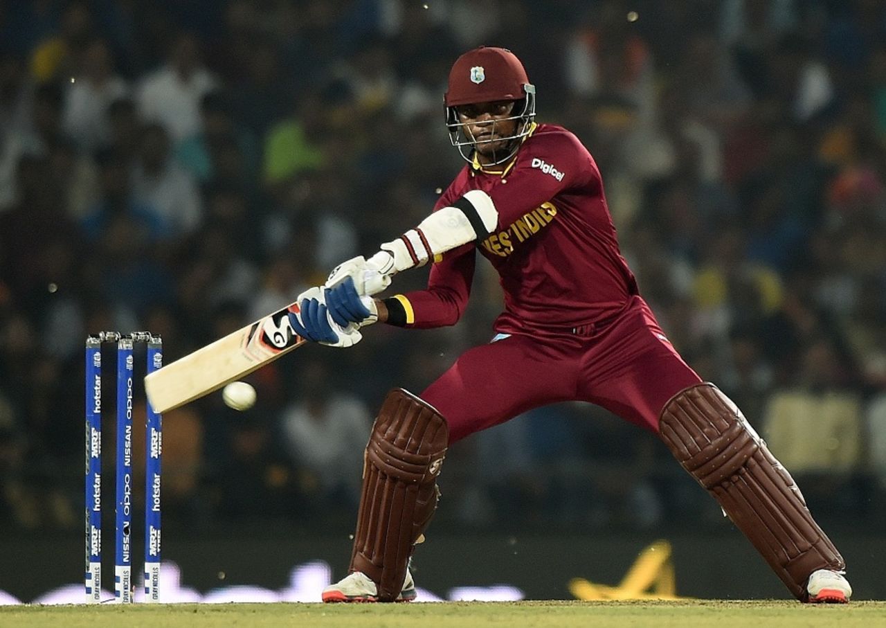 Marlon Samuels reaches out to play one, South Africa v West Indies, World T20 2016, Group 1, Nagpur, March 25, 2016
