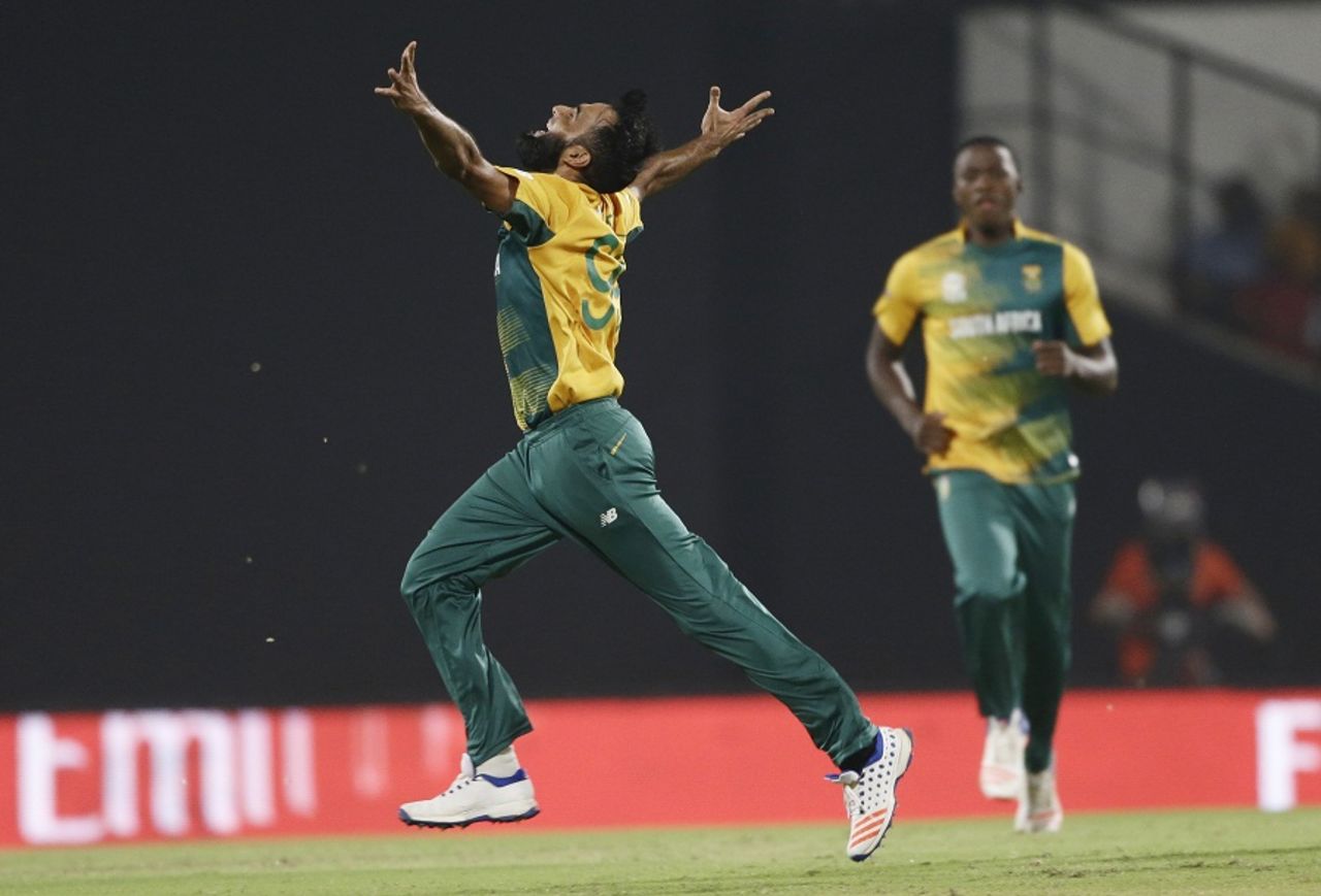 Imran Tahir celebrates one of his two wickets in trademark fashion, South Africa v West Indies, World T20 2016, Group 1, Nagpur, March 25, 2016