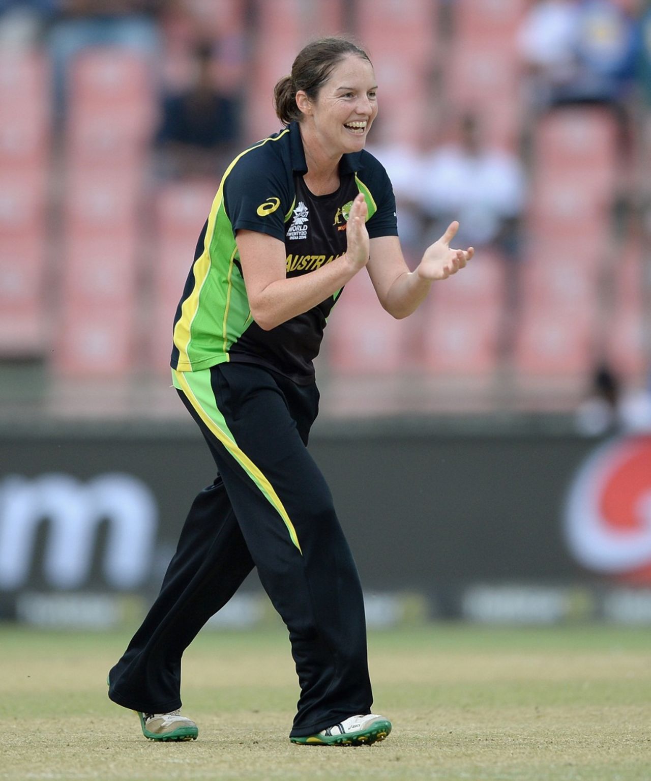 Rene Farrell celebrates one of her two wickets, Australia v Ireland, Women's World T20 2016, Group A, Delhi, March 26, 2016