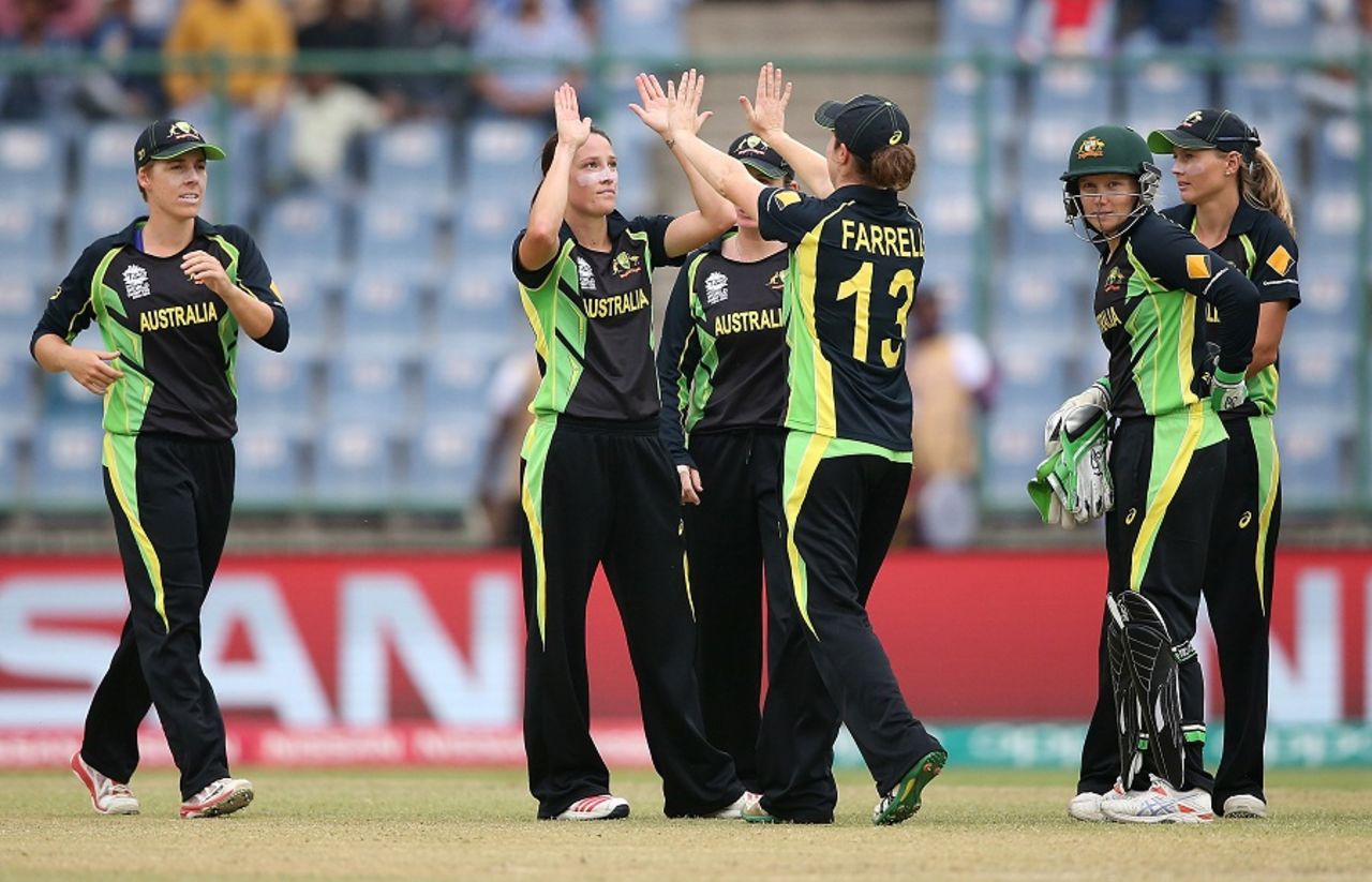 Megan Schutt celebrates a wicket with her team-mates, Australia v Ireland, Women's World T20 2016, Group A, Delhi, March 26, 2016