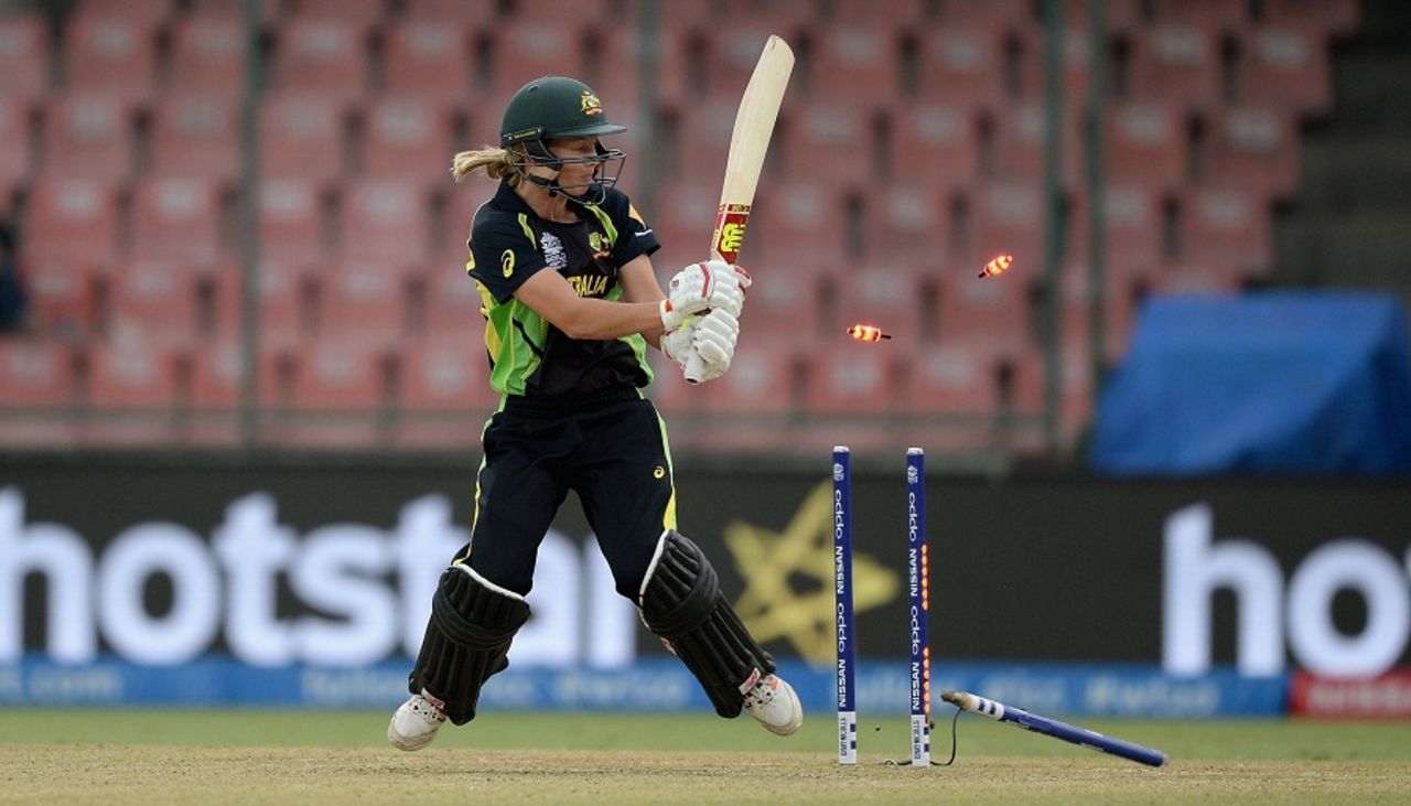 Meg Lanning was bowled for 8, Australia v Ireland, Women's World T20 2016, Group A, Delhi, March 26, 2016