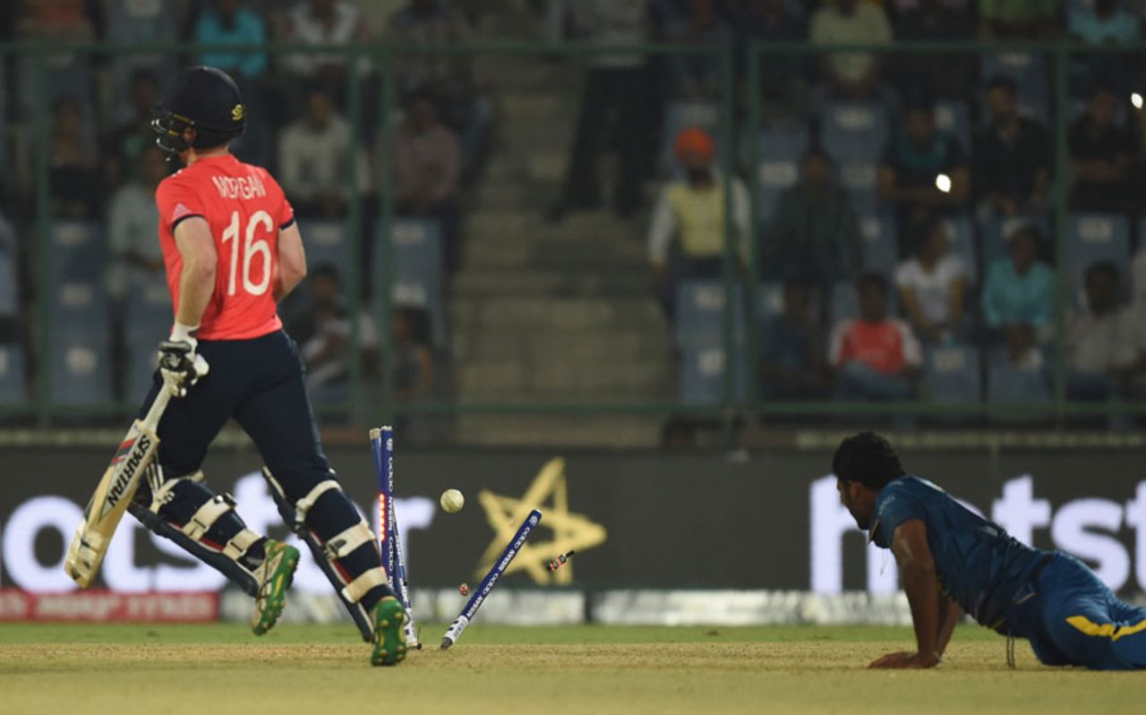 Thisara Perera had Eoin Morgan run-out, England v Sri Lanka, World T20 2016, Group 1, Delhi, March 26, 2016