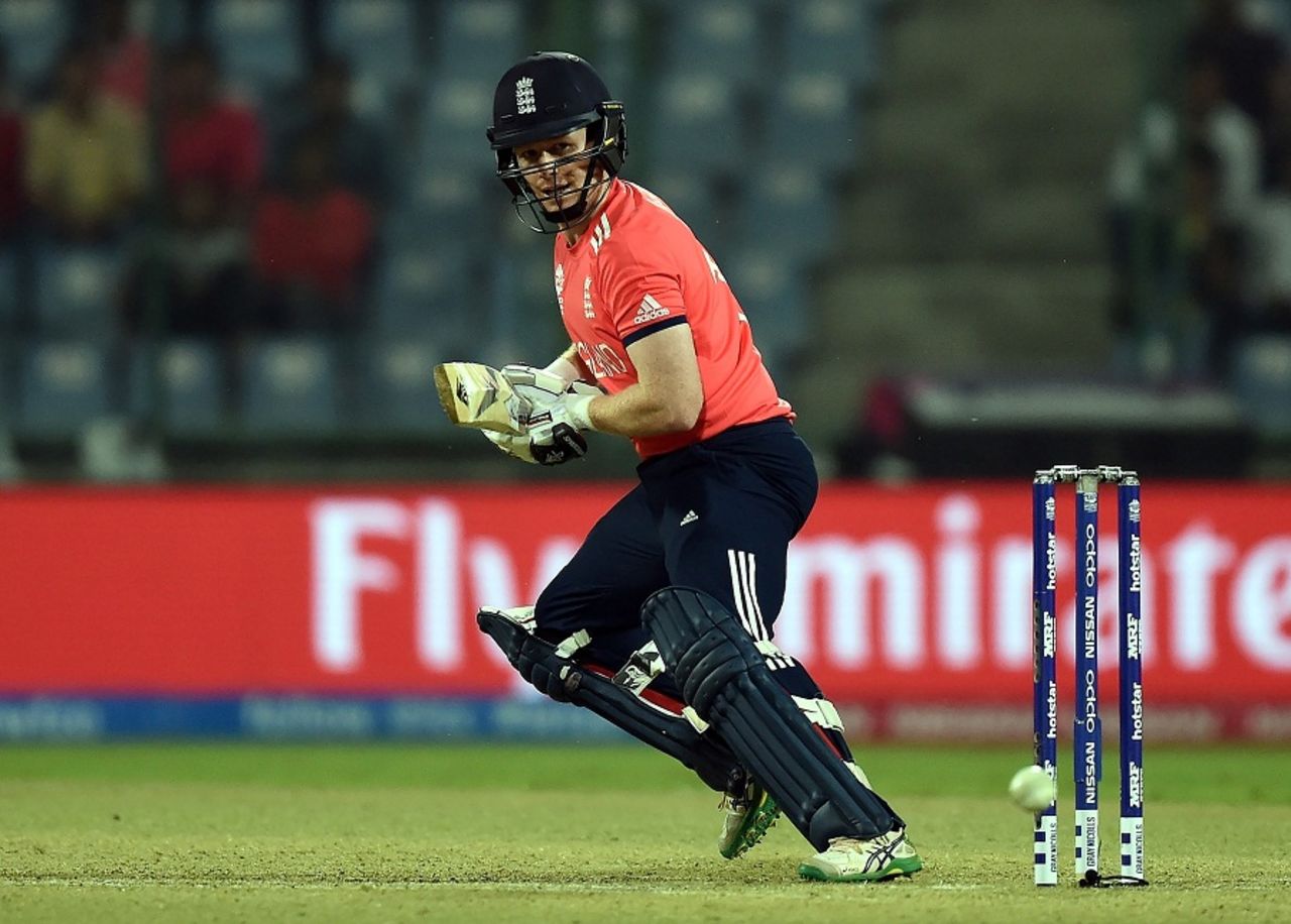 Eoin Morgan plays the ball fine on the off side, England v Sri Lanka, World T20 2016, Group 1, Delhi, March 26, 2016