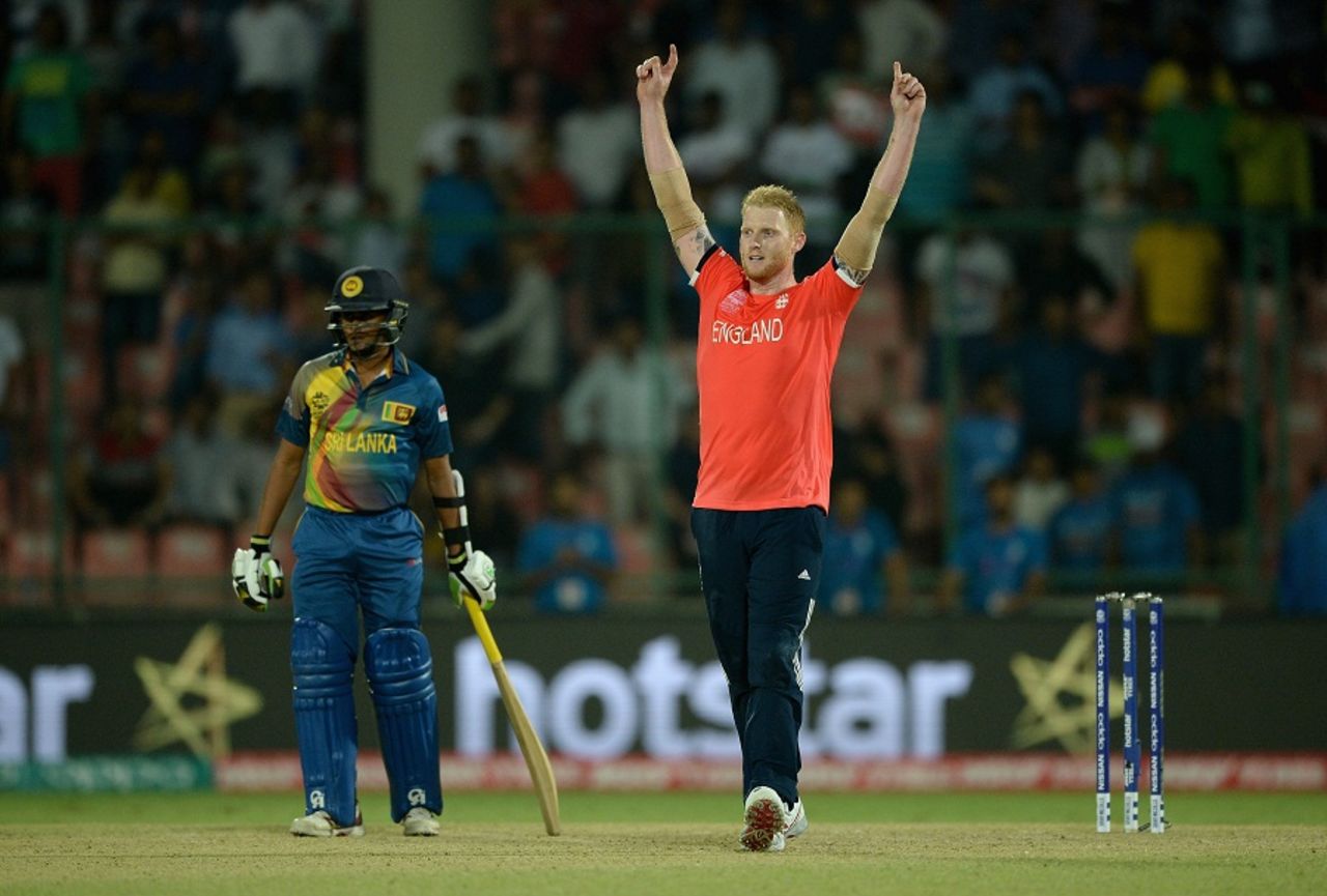 Ben Stokes celebrates after taking England into the semi-final, England v Sri Lanka, World T20 2016, Group 1, Delhi, March 26, 2016