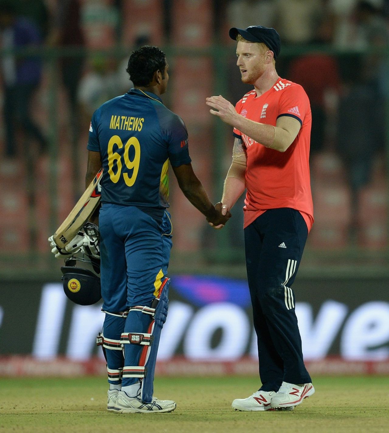 Ben Stokes and Angelo Mathews shake hands after the match, England v Sri Lanka, World T20 2016, Group 1, Delhi, March 26, 2016