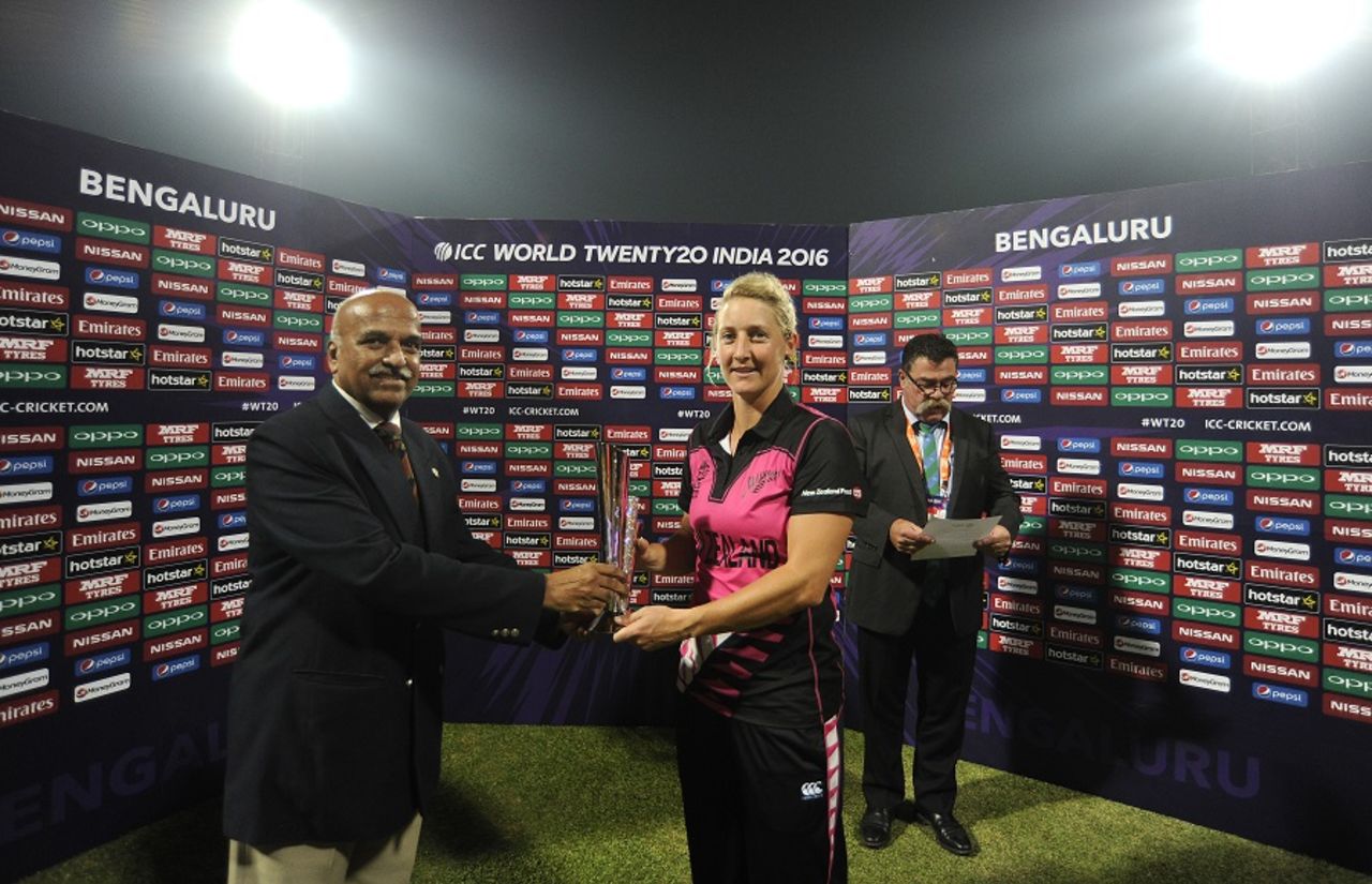 Sophie Devine receives the Player-of-the-Match trophy, New Zealand v South Africa, Women's World T20 2016, Group A, Bangalore, March 26, 2016