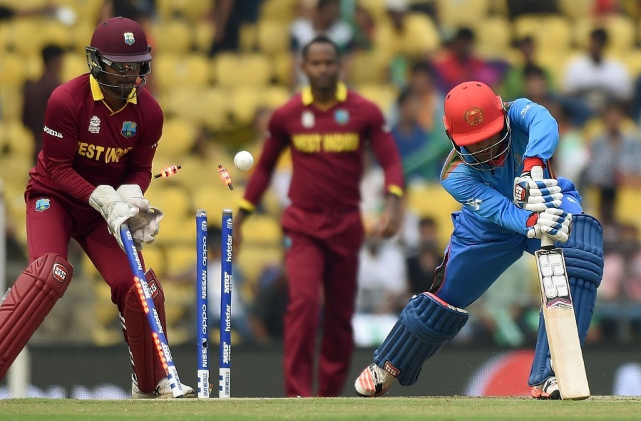 Usman Ghani was cleaned up for 4, Afghanistan v West Indies, World T20 2016, Group 1, Nagpur, March 27, 2016