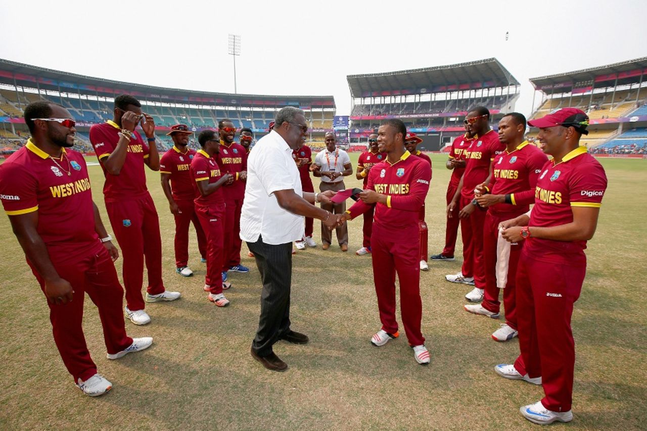 Evin Lewis receives his West Indies cap from Clive Lloyd, Afghanistan v West Indies, World T20 2016, Group 1, Nagpur, March 27, 2016