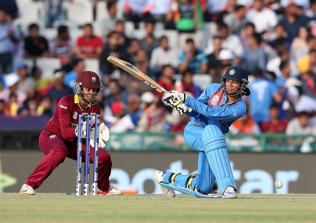 Smriti Mandhana plays the sweep, India v West Indies, Women's World T20 2016, Group B, Mohali, March 27, 2016