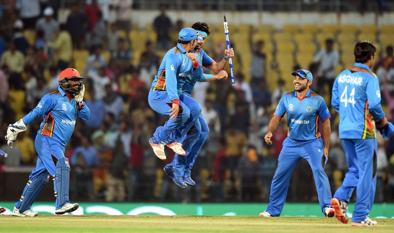 Afghanistan players celebrate their tense win, Afghanistan v West Indies, World T20 2016, Group 1, Nagpur, March 27, 2016