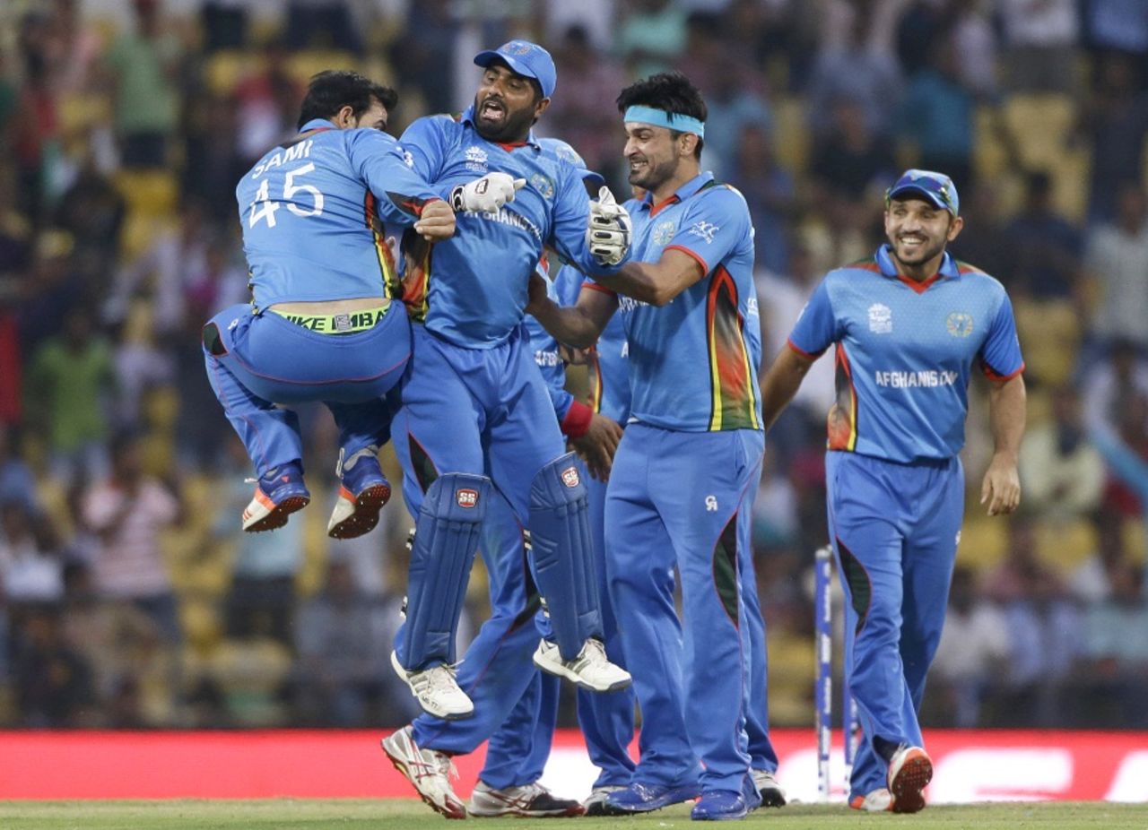 Samiullah Shenwari and Mohammad Shahzad celebrate , Afghanistan v West Indies, World T20 2016, Group 1, Nagpur, March 27, 2016