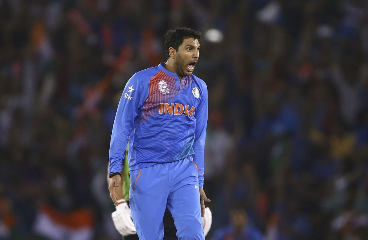 Yuvraj Singh is pumped after dismissing Steven Smith, Australia v India, World T20 2016, Group 2, Mohali, March 27, 2016