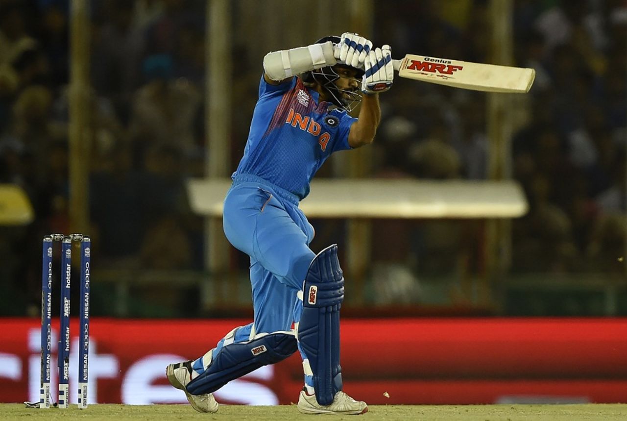Shikhar Dhawan drives through the off side, Australia v India, World T20 2016, Group 2, Mohali, March 27, 2016