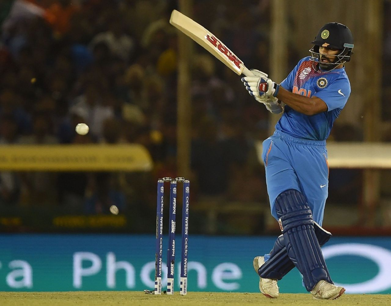 Shikhar Dhawan swipes one into the leg side, Australia v India, World T20 2016, Group 2, Mohali, March 27, 2016