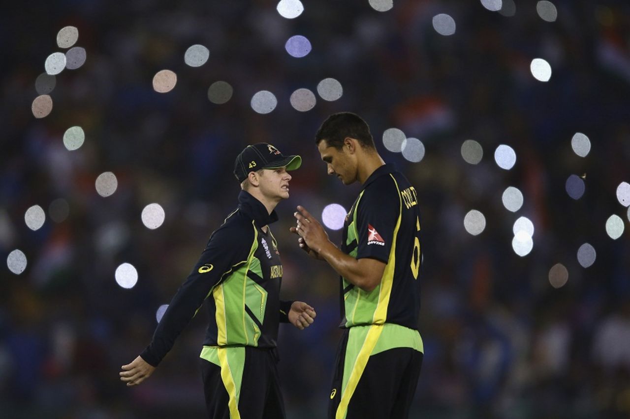 Steven Smith and Nathan Coulter-Nile plot away, Australia v India, World T20 2016, Group 2, Mohali, March 27, 2016