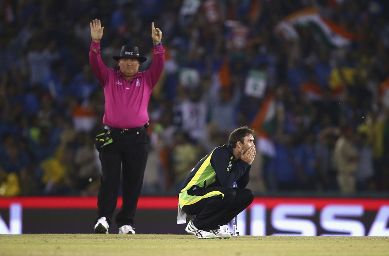 Glenn Maxwell is a worried man after being hit for a six, Australia v India, World T20 2016, Group 2, Mohali, March 27, 2016