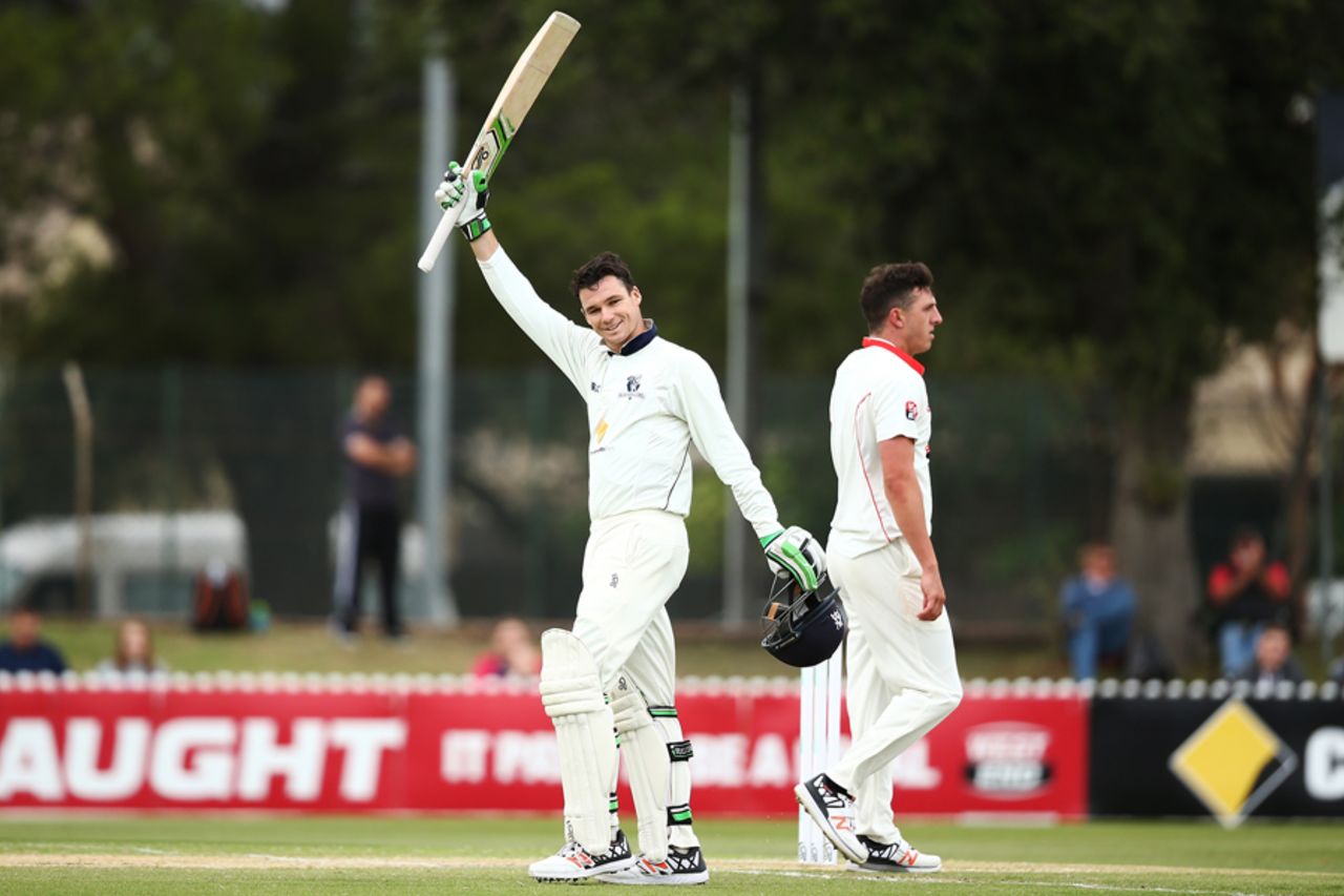 Peter Handscomb beams with joy after bringing up his seventh first-class ton, South Australia v Victoria, Sheffield Shield Final, Adelaide, third day, March 28, 2016