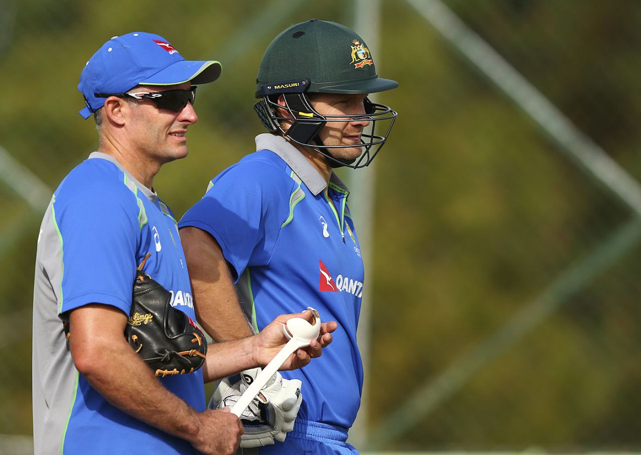 Michael Hussey with Shane Watson at training, Dharamsala, March 16, 2016