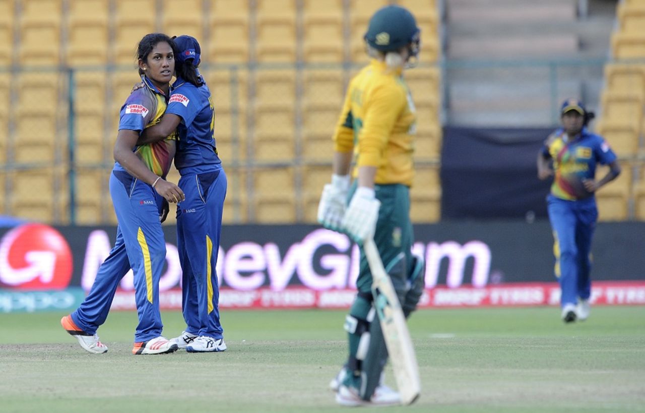 Chamari Atapattu celebrates a wicket her team-mates, South Africa v Sri Lanka, Women's World T20 2016, Group A, Bangalore, March 28, 2016