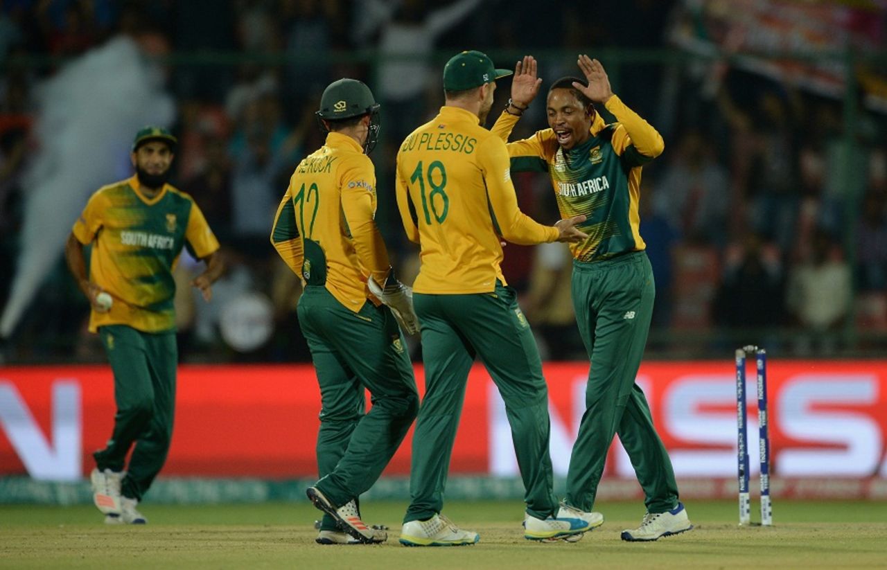 Aaron Phangiso celebrates a wicket with his team-mates, South Africa v Sri Lanka, World T20 2016, Group 1, Delhi, March 28, 2016