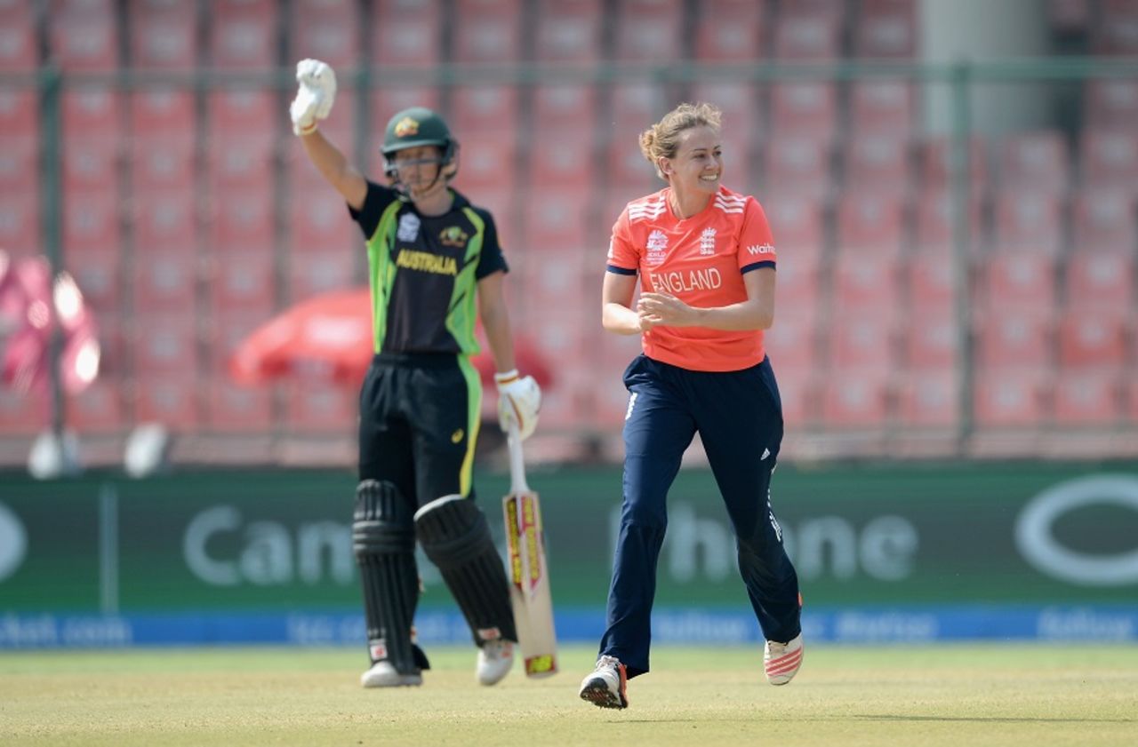 Laura Marsh is delighted after picking up a wicket, Australia v England, Women's World T20 2016, 1st semi-final, Delhi, March 30, 2016
