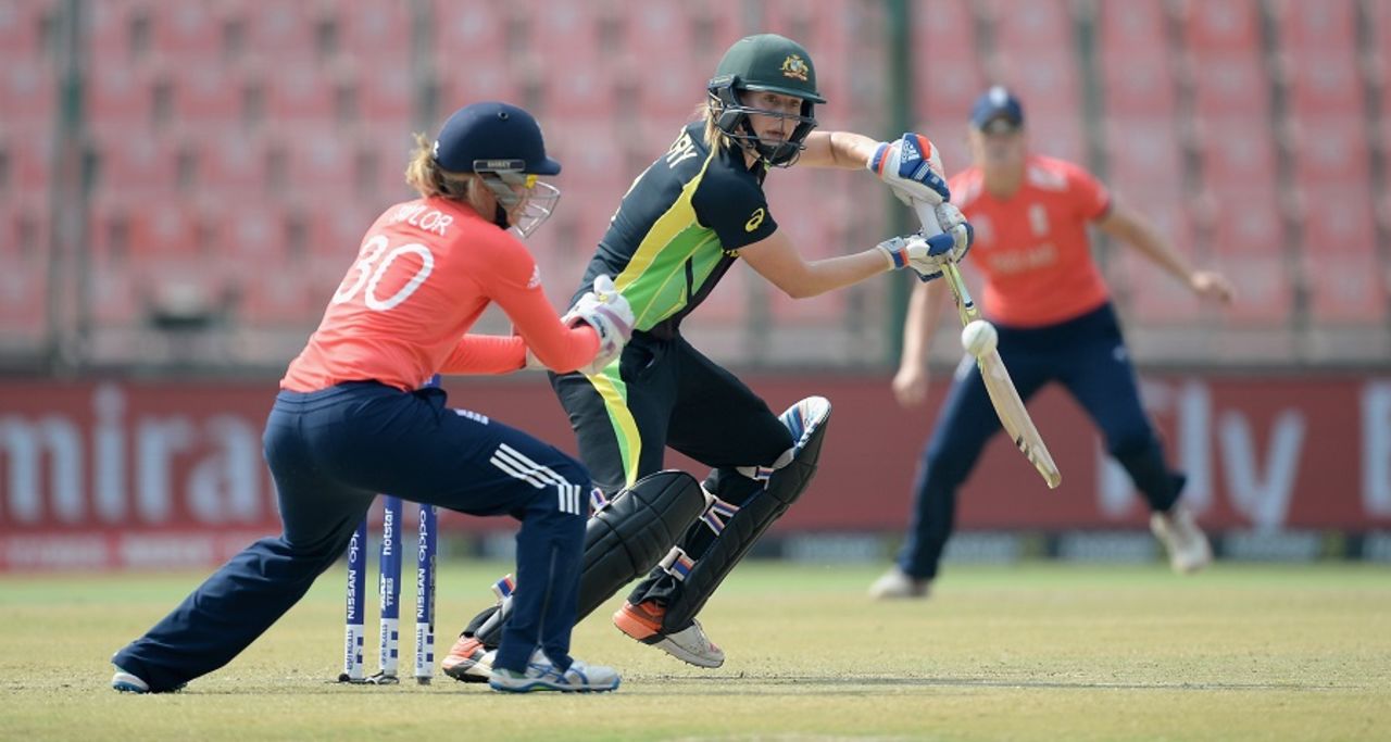 Ellyse Perry opens the face of her bat, Australia v England, Women's World T20 2016, 1st semi-final, Delhi, March 30, 2016