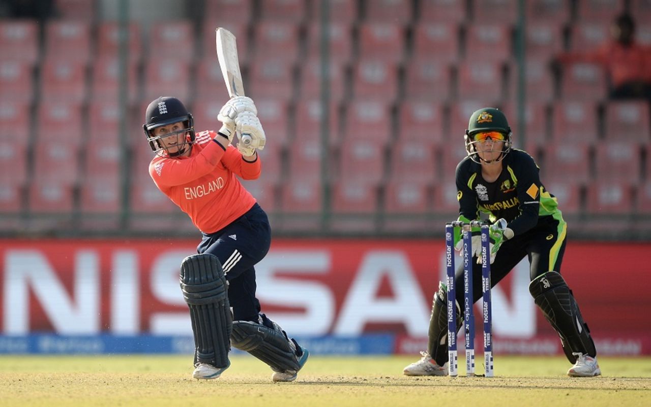 Tammy Beaumont hits through the on side, Australia v England, Women's World T20 2016, 1st semi-final, Delhi, March 30, 2016