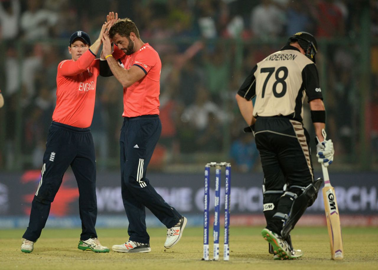 Liam Plunkett is congratulated after picking up Colin Munro, England v New Zealand, World T20 2016, semi-final, Delhi, March 30, 2016